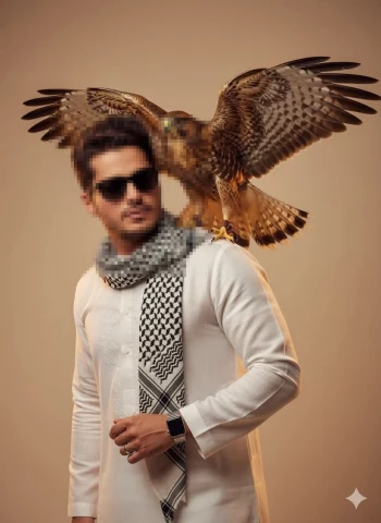 Man in Traditional White Thobe with Falcon on Shoulder and Keffiyeh Scarf