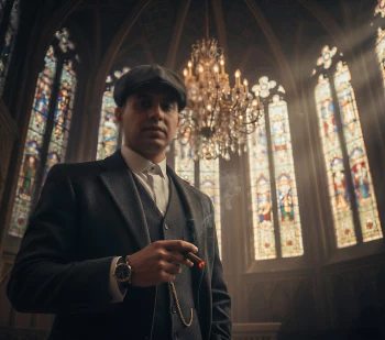 Man in Vintage Suit Holding Cigar under Chandelier in Historic Hall