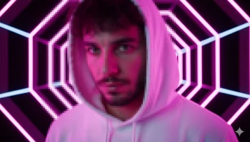 Man in white hoodie standing in neon pink and blue futuristic tunnel