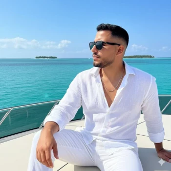 Man in White Outfit Relaxing on Yacht with Ocean View Under Blue Sky