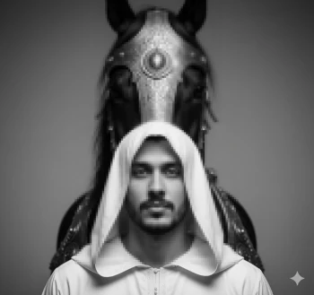 Man in white robe standing calmly before majestic black horse in monochrome scene