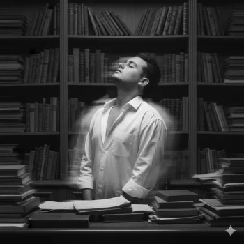 Man in white shirt standing in library surrounded by books in black and white
