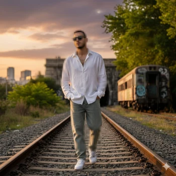 Man in white shirt walking on railway tracks at sunset near old train