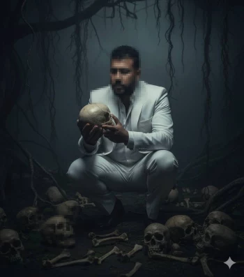 Man in white suit holding a skull in a dark mysterious forest with scattered bones