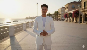 Man in White Suit Standing on a Sunlit Seaside Promenade