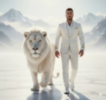 Man in white suit walking beside majestic white lion in snowy mountains