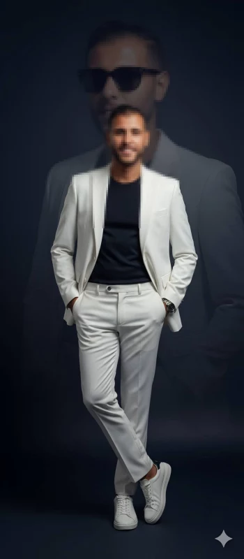 Man in white suit with black shirt and sneakers, modern studio double exposure portrait