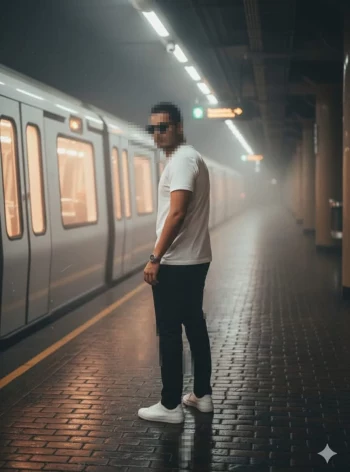 Man in White T Shirt and Sunglasses Standing on Subway Platform Next to Train