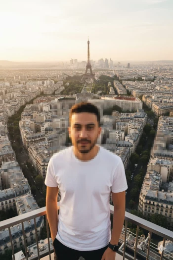Man in white t shirt posing on Paris balcony with Eiffel Tower at sunset