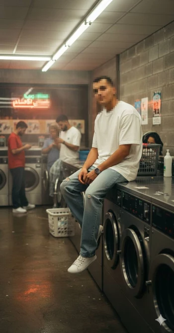 Man in White T Shirt Sitting on Washing Machine in Urban Laundromat Scene