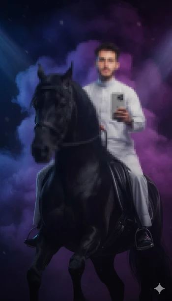Man in White Thobe Riding Black Horse Holding Smartphone in Colorful Smoke