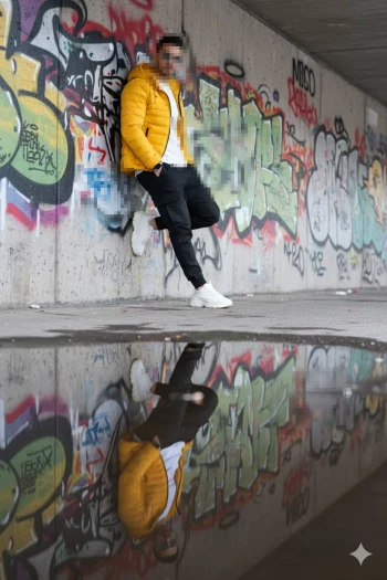 Man in yellow jacket posing by graffiti wall with reflection in puddle