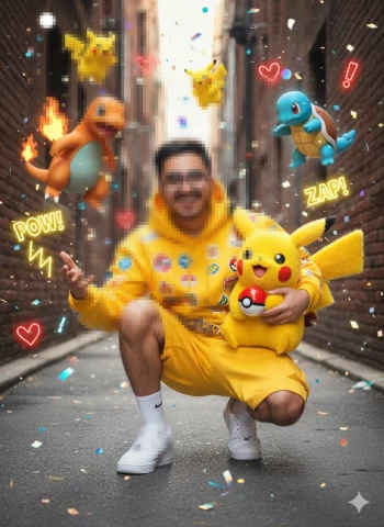 Man in Yellow Pokemon Outfit Surrounded by Pikachu Charmander and Squirtle