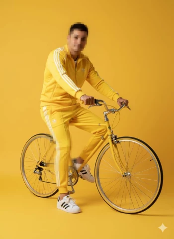 Man in Yellow Tracksuit Riding Bicycle on Bright Yellow Background