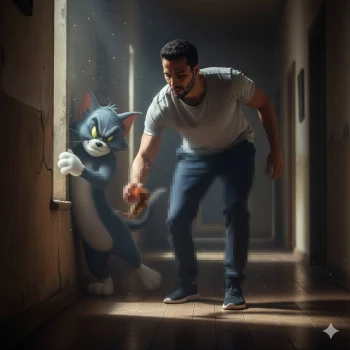 Man interacting with Tom and Jerry in a realistic animated hallway scene