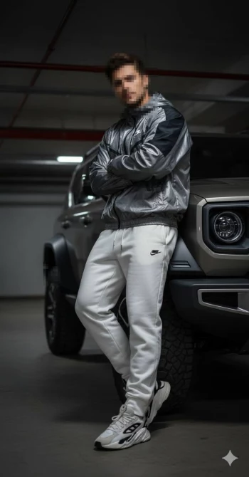 Man leaning on SUV wearing silver Nike jacket and white sweatpants