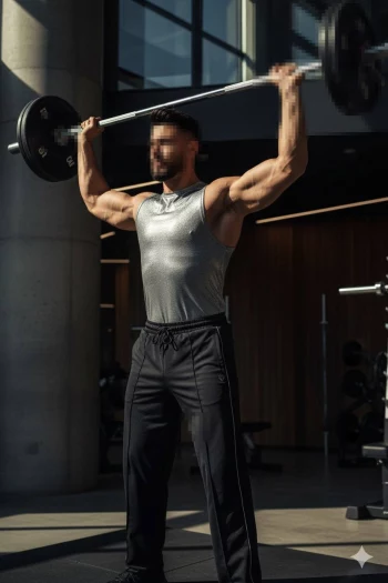 Man lifting a barbell overhead in a modern gym with strong natural lighting