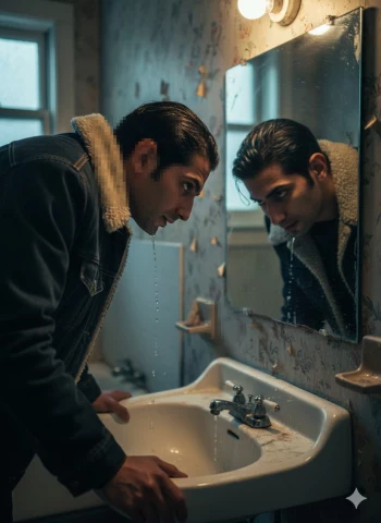 Man Looking in Mirror with Water Dripping from Face in Dimly Lit Bathroom
