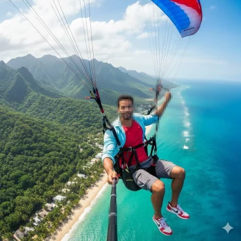 Man paragliding over tropical beach with turquoise sea and lush mountains