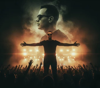Man Performing on Stage with Crowd and Dramatic Lights