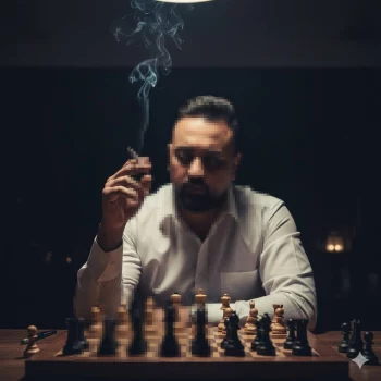 Man playing chess under moody lighting with rising smoke in a thoughtful scene