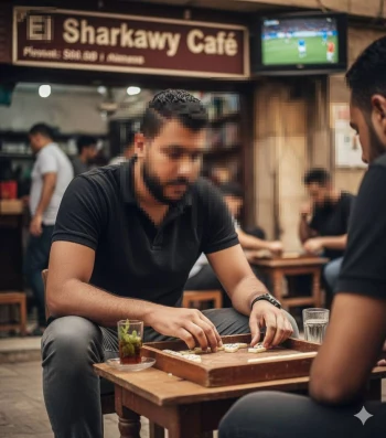 Man playing dominoes at El Sharkawy Café with tea in a traditional street setting
