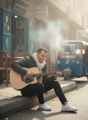 Man Playing Guitar on Street Sidewalk in Warm Morning Sunlight