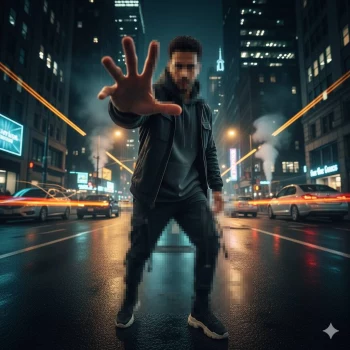 Man posing confidently on city street at night with neon lights and motion trails
