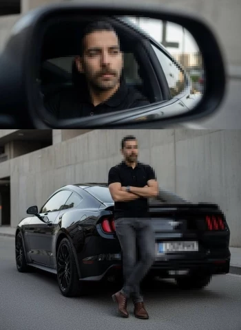 Man posing confidently with black sports car in modern urban street setting