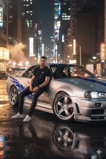 Man posing with silver sports car under neon city lights at night