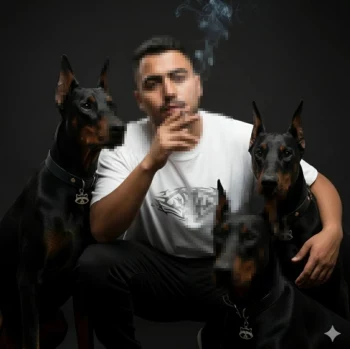 Man posing with three Doberman dogs in dark studio with confident expression