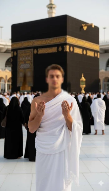 Man praying in front of the Kaaba during pilgrimage in Mecca