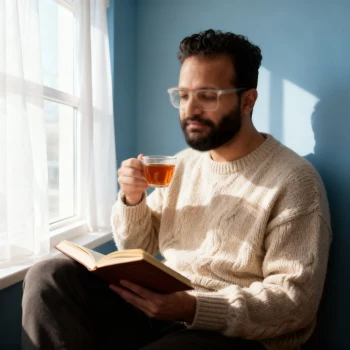 Man reading a book by the window while enjoying a cup of tea in soft sunlight