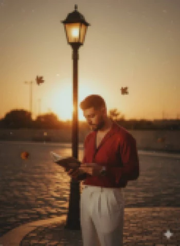 Man Reading a Book Under a Streetlamp at Sunset with Falling Autumn Leaves
