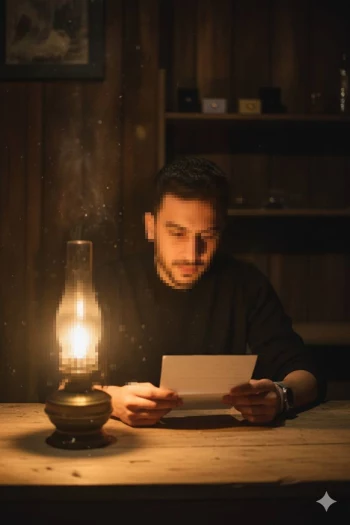 Man reading a letter by oil lamp light in a dim rustic wooden room