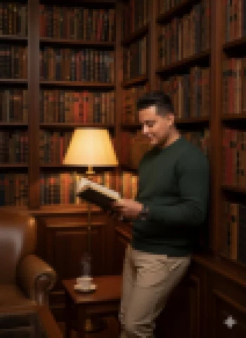 Man reading book in cozy vintage library with warm light and coffee cup