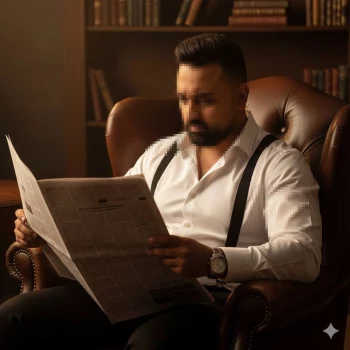 Man reading newspaper in leather armchair inside classic library setting