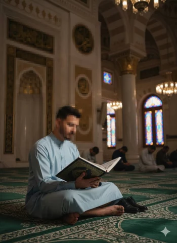 Man Reading the Holy Quran Inside a Beautiful Mosque