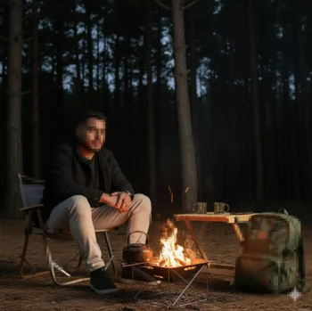 Man Relaxing by Campfire in Forest at Dusk with Backpack and Warm Glow