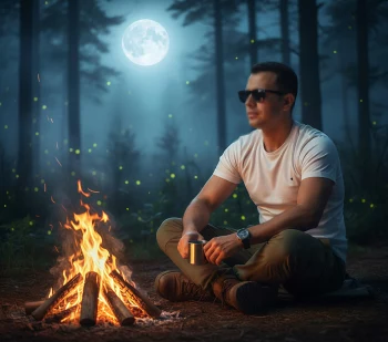 Man Relaxing by Campfire Under Full Moon in Peaceful Forest Night