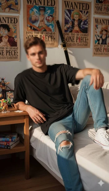 Man relaxing in anime themed room with One Piece posters and collectibles