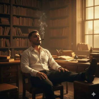 Man Relaxing in Vintage Library Smoking Cigar Under Warm Golden Light