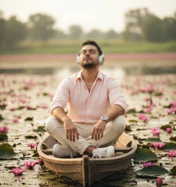 Man Relaxing on Boat with Headphones Surrounded by Pink Water Lilies