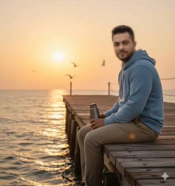 Man Relaxing on Wooden Pier at Sunset with Coffee and Seaside View