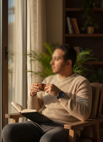 Man Relaxing with Coffee and Book by the Window in Warm Morning Light