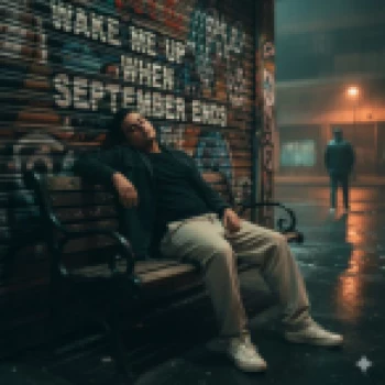 Man resting on a bench at night under graffiti reading wake me up when September ends
