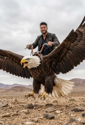Man Riding a Giant Bald Eagle Across a Rocky Desert Landscape