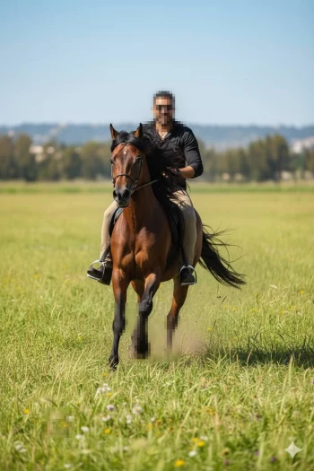 Man riding brown horse across green meadow under clear blue sky