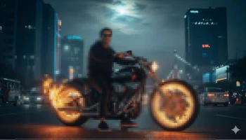 Man Riding Custom Motorcycle with Flaming Wheels on City Street at Night