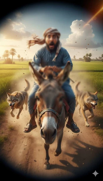 Man Riding Donkey Escaping Wolves on Dusty Road in Countryside